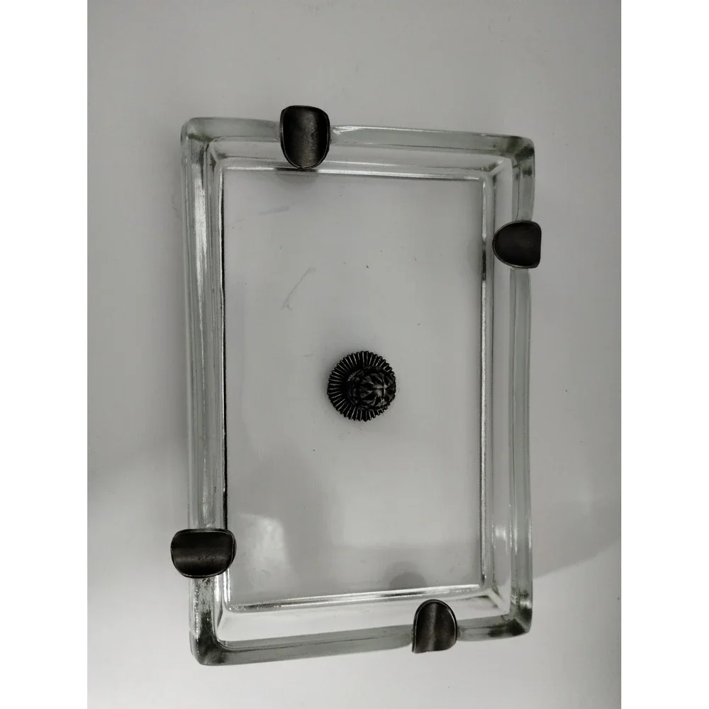 Vintage Glass Ashtray w Metal Cigarette Rests &‎ Acorn Finial Mid Century